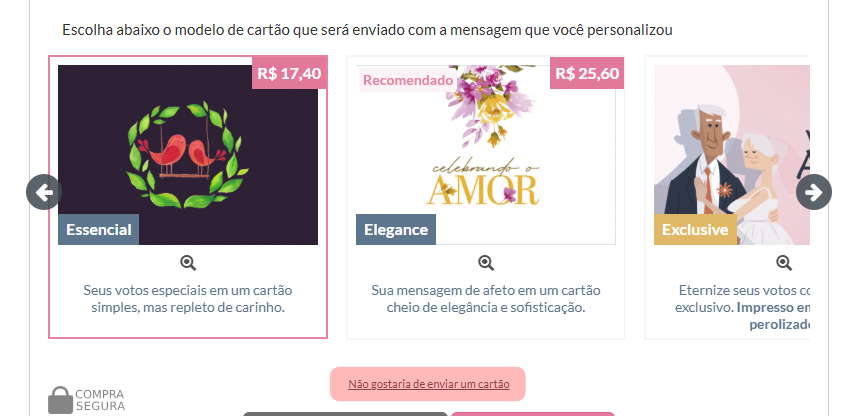Tela da lista online: abaixo do carrossel de cartões, opção em destaque rosa Não gostaria de enviar um cartão.